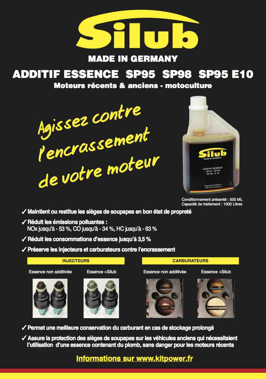  SILUB - Additif Essence SP 95, SP 98, SP 95-E10 - éthanol E85 :  traite 1000L + Substitut Plomb (Entretien injecteurs, siège de soupape,  carburateur)